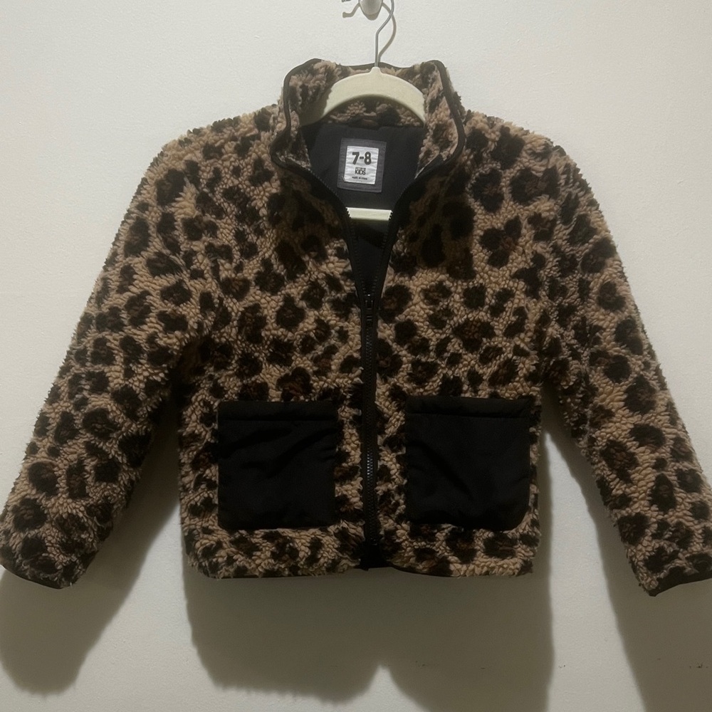 CottonOn Kids Leopard Zipper Teddy Bomber Jacket Size 7-8